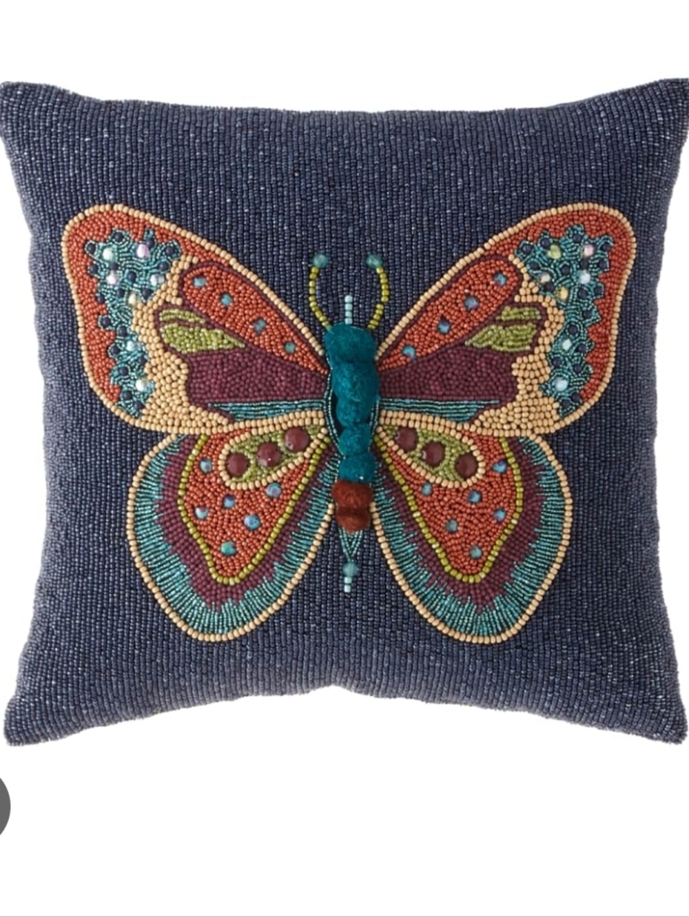 NWOT Mackenzie-Childs Boheme Butterfly Beaded Accent Pillow Blue Background